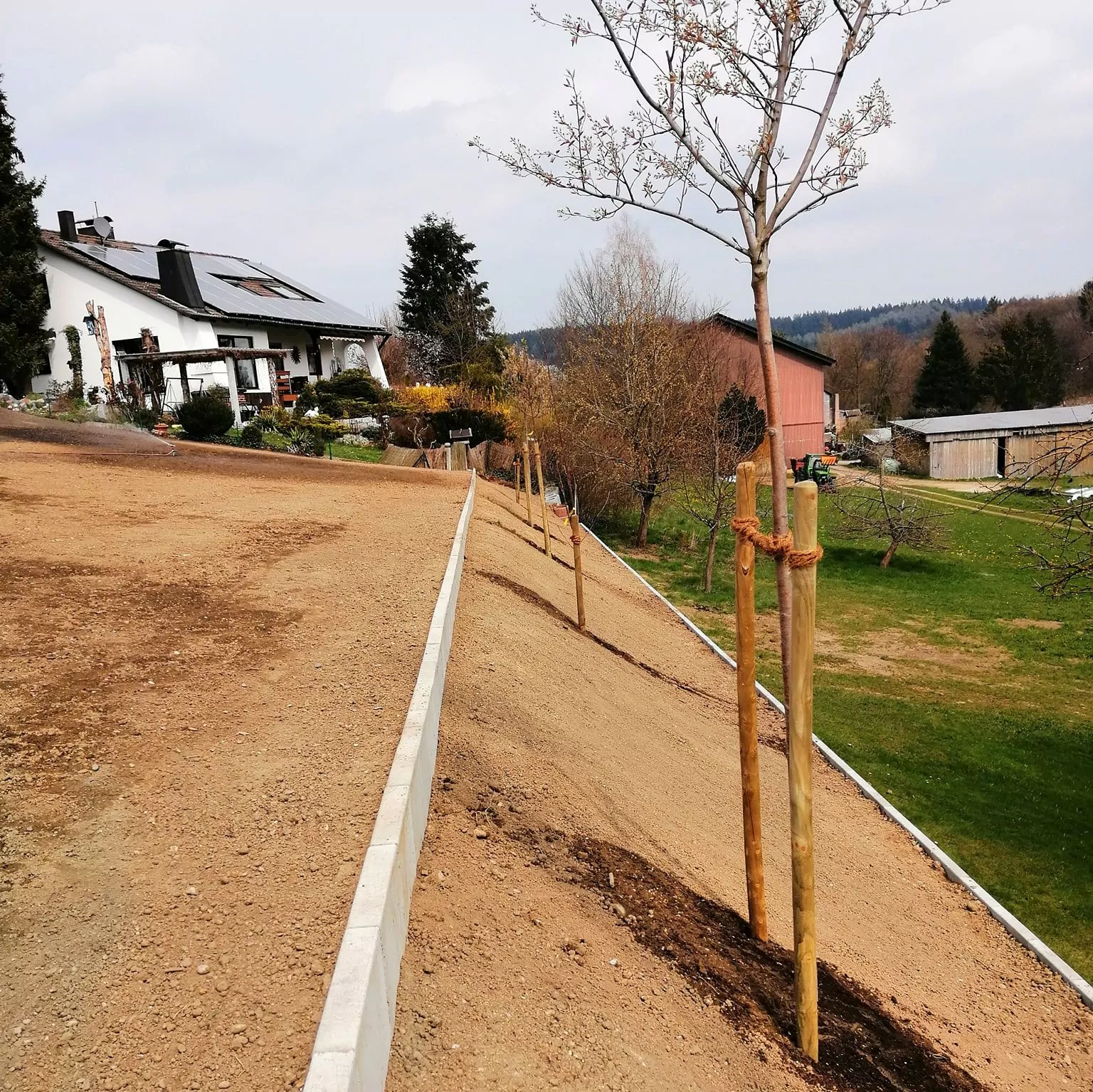 Ein Hanggarten mit Stützmauer und neu gepflanzten Bäumen führt hinauf zu einem Haus mit Sonnenkollektoren auf dem Dach. Das Gebiet ist von Bäumen und offenen Feldern unter einem bewölkten Himmel umgeben.